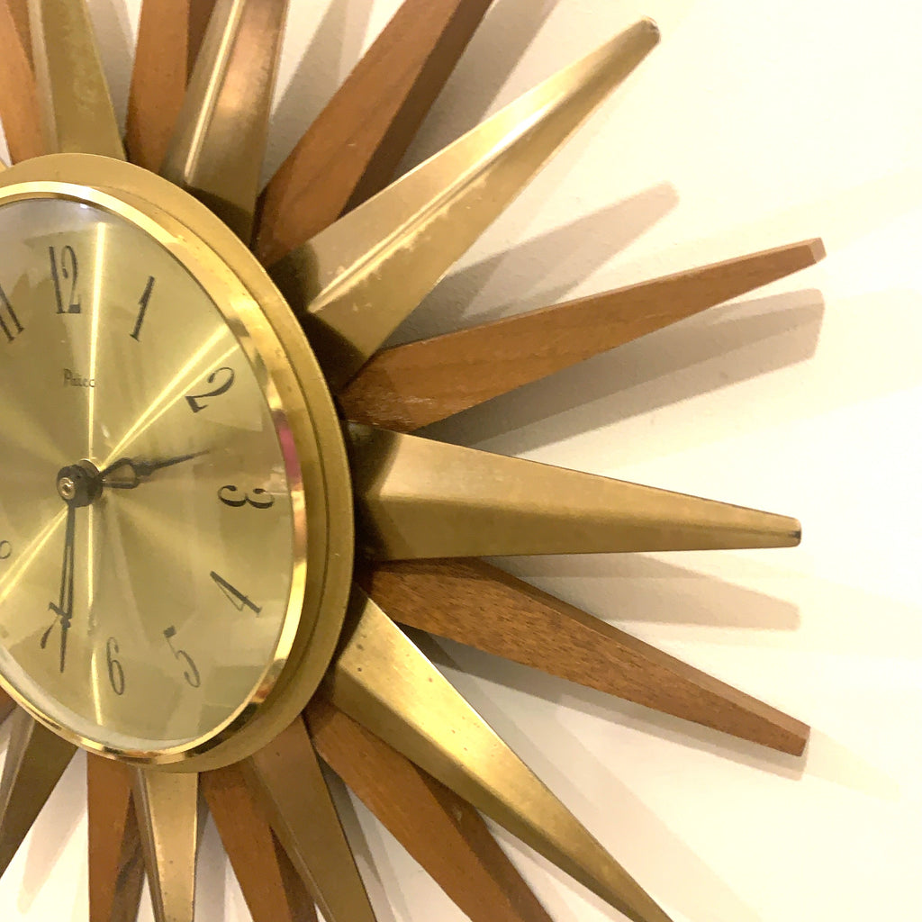 Paico 1960s Starburst Wall Clock — Brass & Teak Sunburst, 38cm