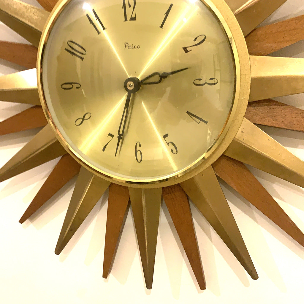 Paico 1960s Starburst Wall Clock — Brass & Teak Sunburst, 38cm