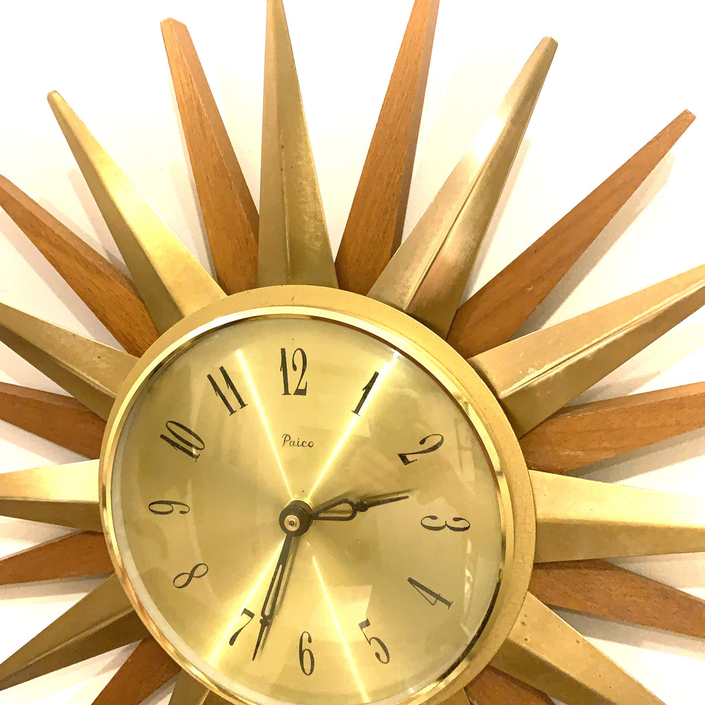 Paico 1960s Starburst Wall Clock — Brass & Teak Sunburst, 38cm