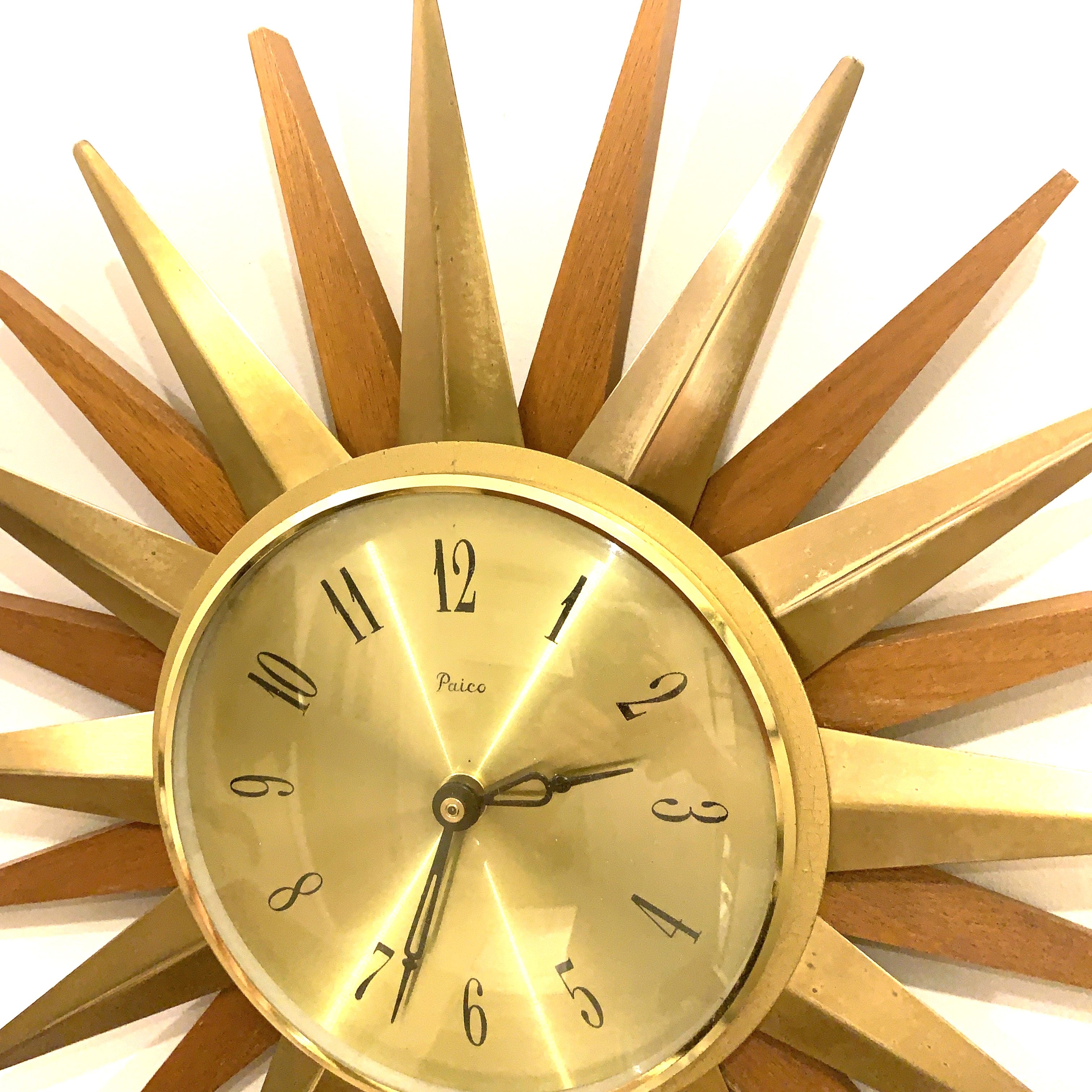 Paico 1960s Starburst Wall Clock — Brass & Teak Sunburst, 38cm
