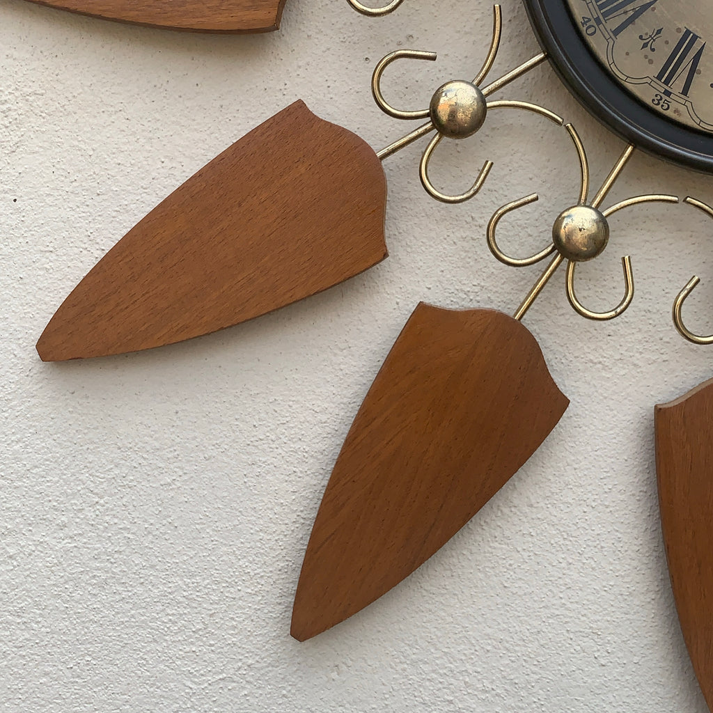 Phinney-Walker Sunburst Wall Clock — Large 25.5", Brass & Teak, Made in Germany