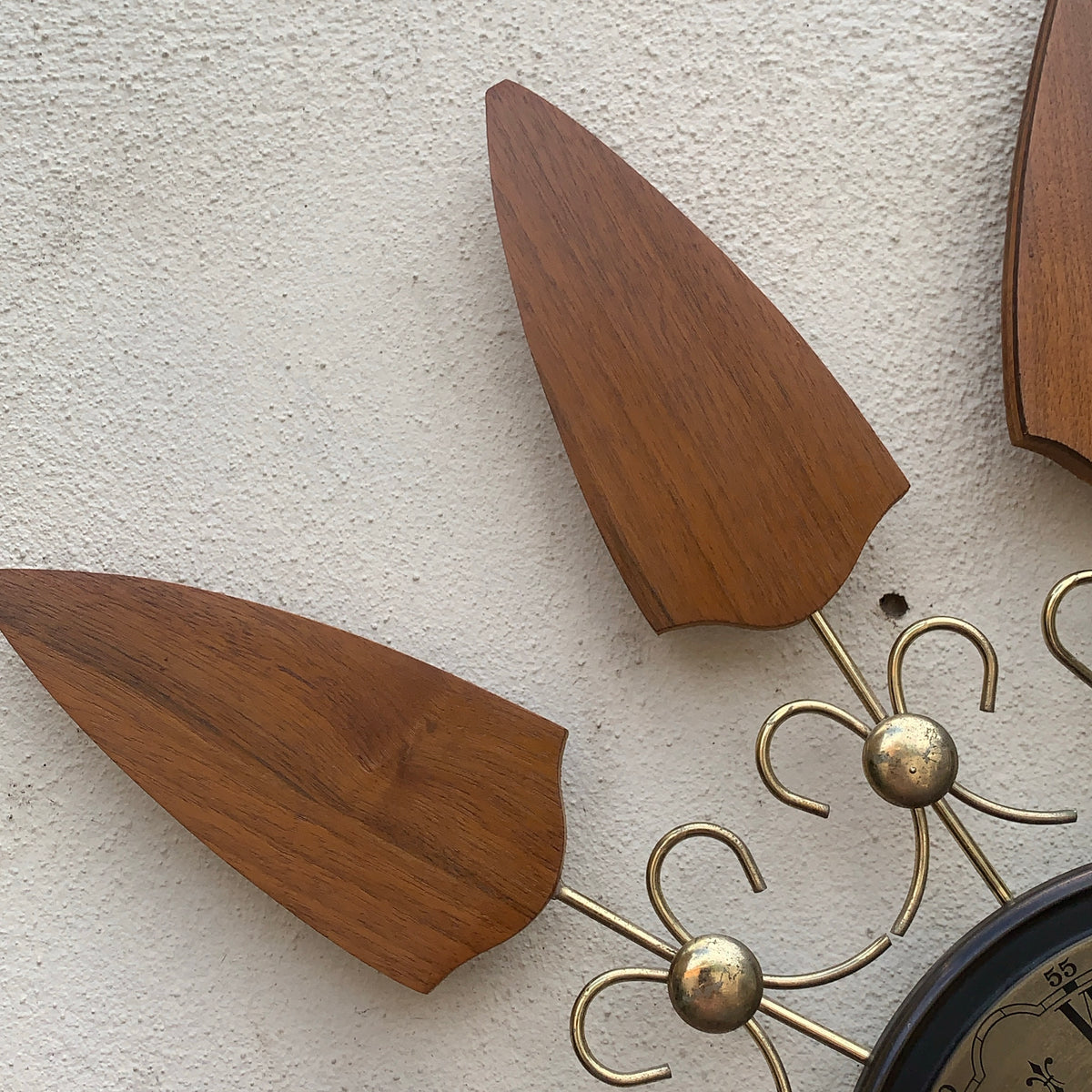 Phinney-Walker Sunburst Wall Clock — Large 25.5", Brass & Teak, Made in Germany