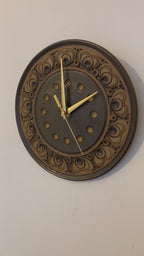 Jersey Pottery Wall Clock – 1970s Channel Islands Sgraffito Brown Ceramic Plate 10 Inch Quartz