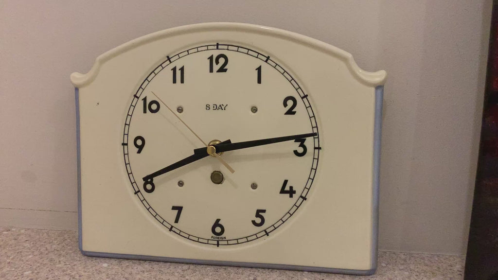 Vintage German Ceramic Wall Clock, 1930s Art Deco, Cream Ivory, 8 Day, Arched Case