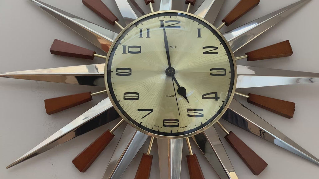 Metamec Model 5892 Starburst Wall Clock, Rare Gold Dial Variant, Teak and Chrome, 1960s