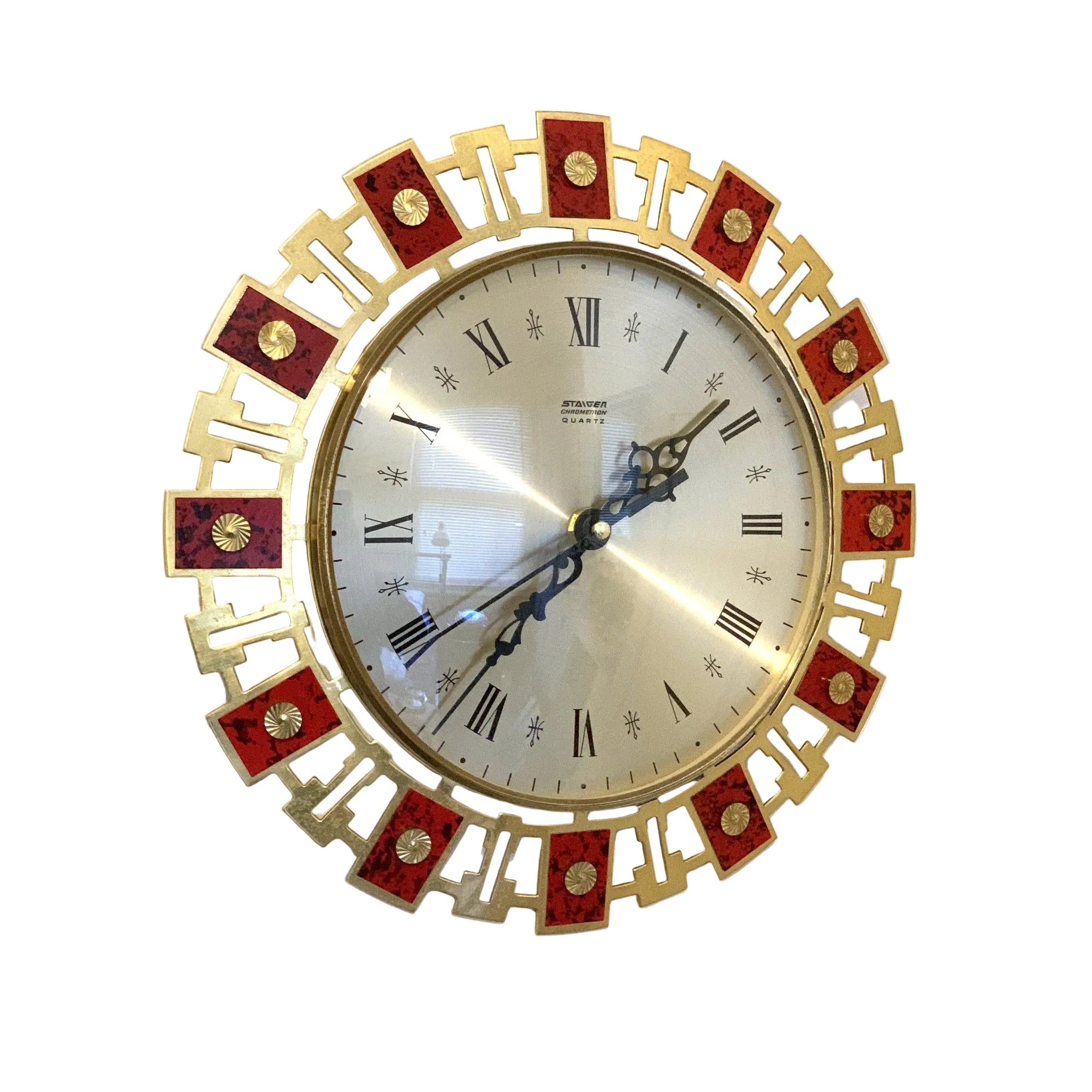 Staiger Chrometron Wall Clock – 1970s West German Brass Red Lacquer Roman Numeral 11 Inch Quartz